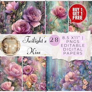 Purple Roses iridescent Digital Paper Pack: Floral Scrapbook PNGs, 8.5x11 (Canva Editable, Instant Download