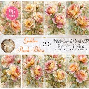 20 Rosas Pêssego Douradas em Papel Digital Editável para Artesanato e Casamentos | Fundos Editáveis com Glitter Dourado, Brilho e Rosas, 8,5x11"