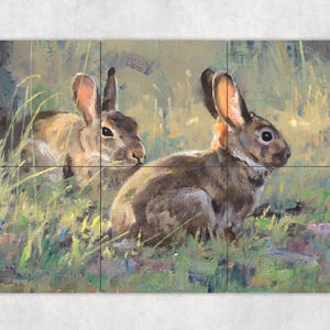 May include: Two brown rabbits sitting in a field of green grass. The rabbits are facing different directions. The background is a blurred image of green and brown.