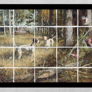 May include: A painting of a forest scene with two white and brown hunting dogs, one standing and one running, with a bird flying in the background.