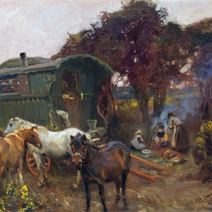 Póster fotográfico ultra premium de 24 x 20 pulgadas de Sir Alfred James Munnings Gypsy Caravan en Ringland Hills, 11 mil de grosor/280 g.