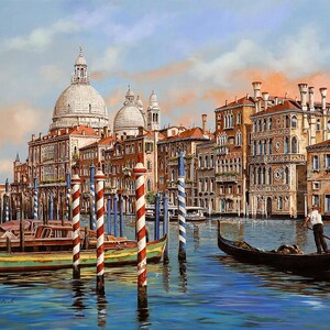 May include: A painting of a canal in Venice, Italy. The canal is lined with colorful buildings, including a large domed church. A gondola is being rowed down the canal, with a gondolier standing at the back. The water is a deep blue, and the sky is a light blue with white clouds.