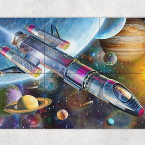 May include: A silver and pink spaceship flies through a colorful galaxy with planets and stars. The spaceship has a large window and a long tail.