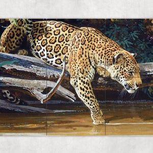 ceramic tile mural art accent kitchen backsplash medallion. Leopard Touching the Morning Sun, jungle wildlife, country western.