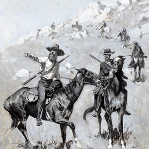 May include: A black and white illustration of a group of cowboys on horseback riding through a mountainous landscape. The cowboys are wearing hats and carrying rifles. The scene is set against a backdrop of a rocky mountain range.