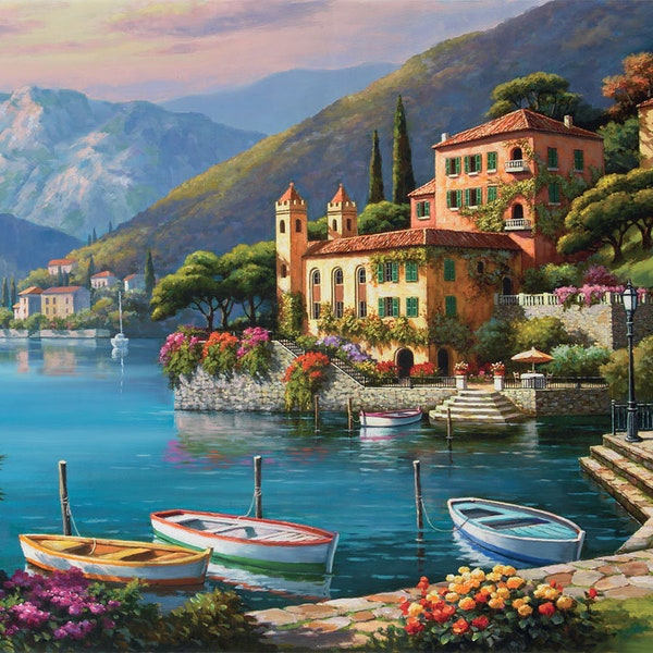 24"X18" Lake Como Italy villa beach boat harbor flower garden view ultra premium photo poster  art print -11 Mil Thickness