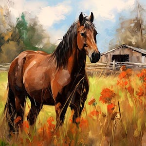 May include: A brown horse with a black mane and tail stands in a field of orange wildflowers. The horse is looking to the right of the image. A wooden barn is in the background.
