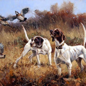 May include: Two white and brown hunting dogs are standing in a field of tall grass, with their noses pointed towards the ground.  Three brown and white quail are flying in the background.