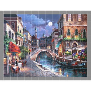 May include: A mural depicting a Venetian canal scene at night with a full moon, stone buildings, a bridge, and a gondola. The scene features outdoor dining tables with red umbrellas, warm glowing lights from windows, and a cobblestone walkway.