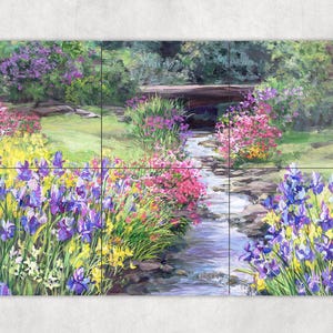 May include: A painting of a stream flowing through a lush garden with a bridge in the background. The stream is surrounded by vibrant purple, yellow, and pink flowers.