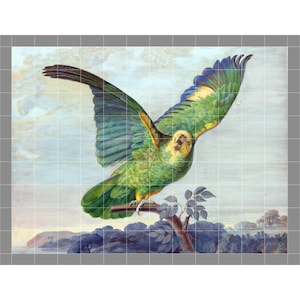 May include: A wall mural featuring a vibrant green parrot with yellow head markings and blue-tipped wings, captured in flight while perched on a branch. The background displays a soft, painted landscape with distant hills and a cloudy sky.