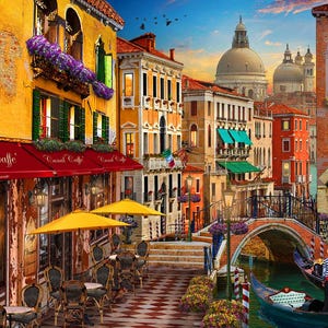 May include: A colorful painting of a cafe in Venice, Italy. The cafe has red awnings with the text "Canal Caffe" and is located on a canal with a bridge. There are tables and chairs set up outside the cafe, and a gondola is floating in the canal.