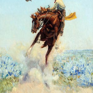 May include: A cowboy in a white shirt and brown pants rides a brown horse that is bucking. The horse is kicking up dust and the cowboy's hat has flown off. The background is a field of blue flowers.