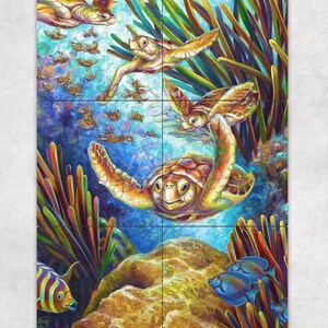 May include: A colorful painting of four sea turtles swimming in a vibrant coral reef. The turtles are surrounded by colorful fish and plants. The painting is done in a realistic style and captures the beauty of the underwater world.