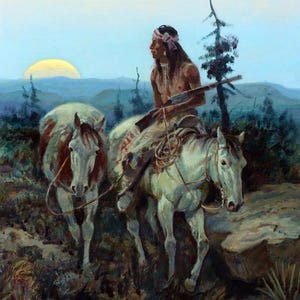 May include: A Native American man on horseback rides through a landscape with a distant sun. The man is wearing a feathered headdress and holding a rifle. The horses are white with brown markings.