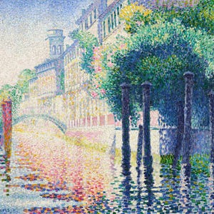 May include: A pointillist painting depicting a canal in Venice, Italy. The canal is lined with buildings and a bridge. The water is a shimmering blue and green, and the sky is a pale blue. There are trees and poles in the foreground.