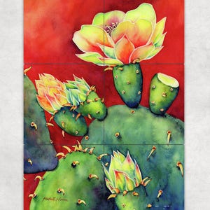 ceramic tile mural art accent backsplash decorative medallion. desert bloom. blooming cactus flower garden vertical red