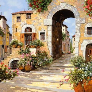 May include: A painting of a narrow, cobblestone street in a European village. The street is lined with buildings with terracotta roofs and arched doorways. There are potted plants and flowers along the street, and the sky is a bright blue.