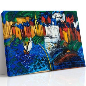 May include: Abstract painting of a coastal town with colorful buildings, a sailboat, and vibrant blue water. The artwork features bold brushstrokes and a dynamic composition, with a white border.