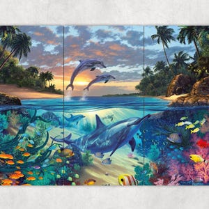 May include: A three-panel artwork depicting a tropical ocean scene. Dolphins leap from the water under a sunset sky. Underwater, colorful fish swim among coral and plants. Palm trees and a sandy beach are visible.