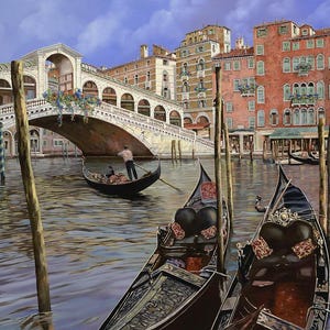 May include: A painting of a bridge over a canal in Venice, Italy. Two gondolas are in the foreground, with one in the distance. The bridge is white and has a stone arch. The buildings on either side of the canal are colorful and have a traditional Italian style.