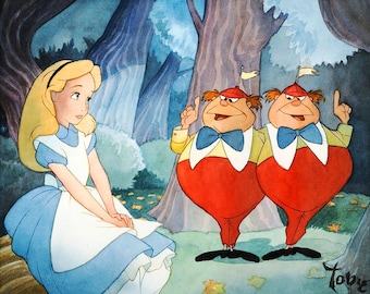 16"x20" HD Aluminum glossy metal print wall art. Alice in Wonderland Tweedledee and Tweedledum