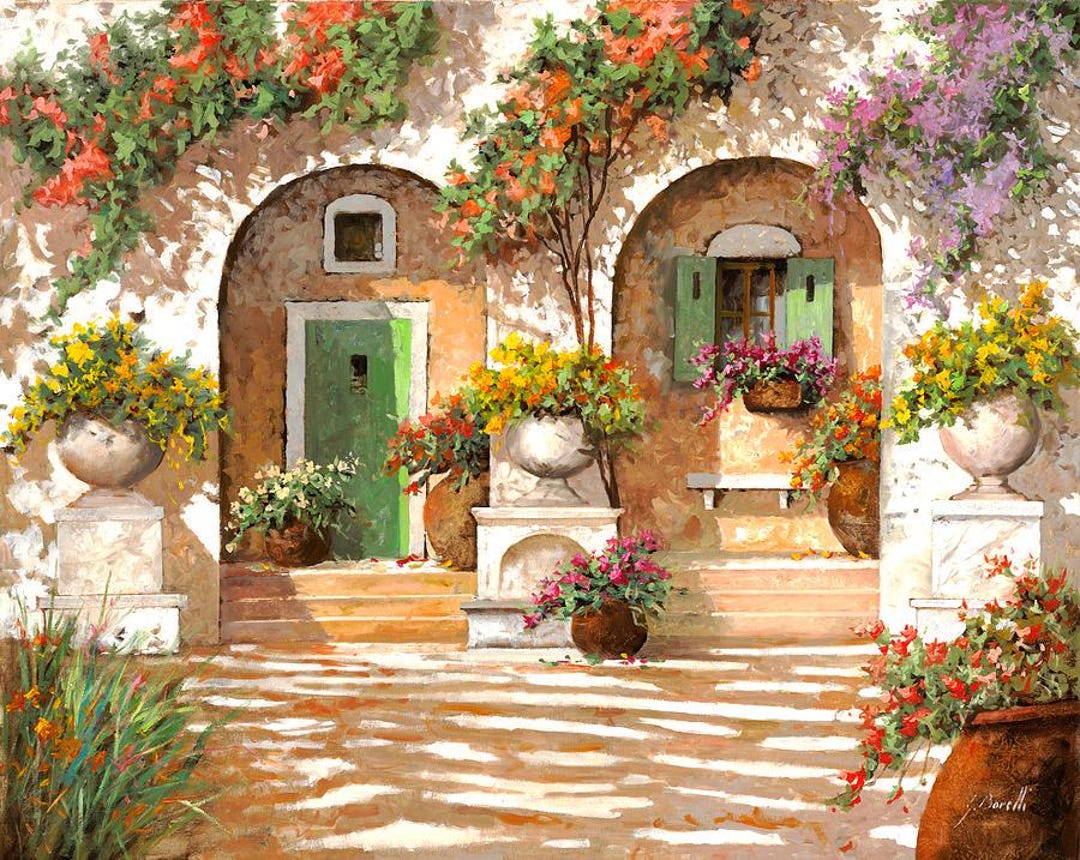 Mediterranean Courtyard Floral Garden Arched Doorways . Wall Art Print ...