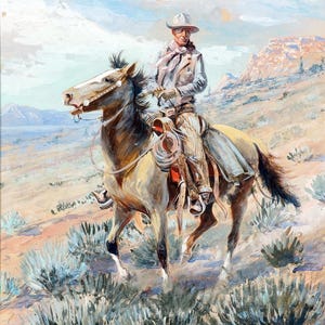 May include: A watercolor painting of a cowboy riding a horse through a desert landscape. The cowboy is wearing a white hat and a light brown jacket. The horse is a light brown color with a dark brown mane and tail. The background is a light blue sky with white clouds and a distant mountain range.
