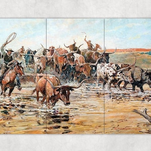 May include: A painting depicting a cowboy riding a brown horse through a shallow river, leading a herd of cattle. The cattle are brown, white, and black with long horns. The scene is set in a rural landscape with a blue sky and green grass.
