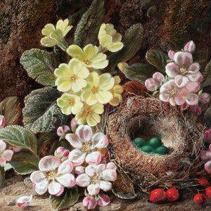 May include: A painting of a bird's nest with green eggs, surrounded by yellow primrose and pink apple blossoms.