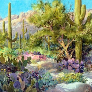 May include: A watercolor painting of a desert landscape with tall cacti, a large tree, and purple flowers. The scene is set against a backdrop of mountains.