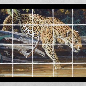 1 piece ready to hang ceramic tile mural kitchen backsplash. Leopard Touching the Morning Sun, jungle wildlife, country western.