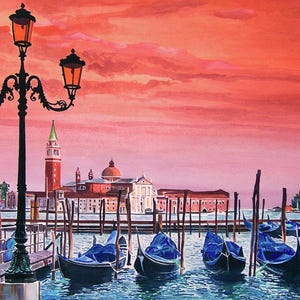 May include: A watercolor painting of a sunset over a canal in Venice, Italy.  The painting features a row of gondolas docked at a pier, with a lamppost in the foreground.  The sky is a vibrant orange and pink, and the buildings in the background are silhouetted against the sunset.