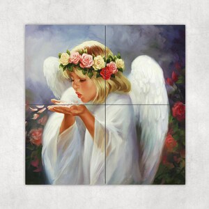 ceramic tile mural art accent backsplash decorative medallion. angel in rose flower garden blowing rose petals. Square