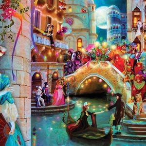 May include: A colorful scene of people wearing masks and costumes at a carnival in Venice, Italy. The scene is set at night with a full moon in the sky. There are buildings in the background, a bridge, and a gondola in the foreground.