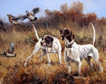 Framed canvas fine art print giclee or poster. Up Close and Personal. quail bird hunting dogs pointers. old country western. cowboys. nature