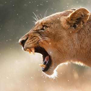 May include: A close-up of a lioness with its mouth open, showing its teeth. The lioness is in focus, while the background is blurred and out of focus. The lioness is looking to the left of the image.