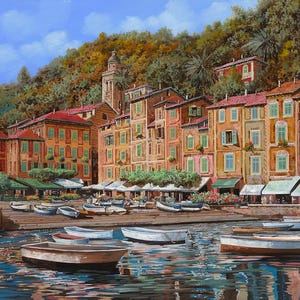 May include: A painting of a colorful Italian village with a harbor filled with boats. The buildings are painted in shades of orange, yellow, and red, with green shutters and white trim. The boats are mostly white, with some blue and green accents. The sky is blue with white clouds.