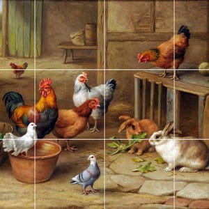 May include: A vintage painting of a farmyard scene with chickens, roosters, and rabbits. The chickens are brown, white, and black, and the roosters are red and black. The rabbits are brown and white. The painting is set in a barn with a wooden door and a wooden fence. There is a basket of green vegetables in the foreground.