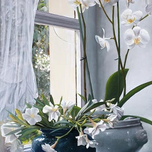 May include: A white lace curtain hangs in a window with a view of green foliage. Two vases, one blue and one white, hold white flowers. The blue vase is decorated with a textured pattern.