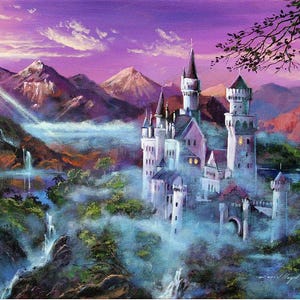 May include: A white castle with multiple towers sits on a hilltop overlooking a valley with mountains in the background. The castle is surrounded by fog and the sky is a vibrant purple.