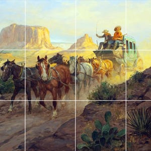 May include: A vintage painting depicting a horse-drawn carriage traveling through a desert landscape. The carriage is pulled by six horses and driven by two men in cowboy hats. The scene is set against a backdrop of red rock formations and a blue sky.