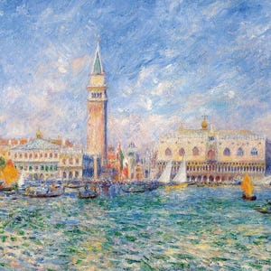 May include: A painting of a cityscape with a tall tower, a large building, and boats in the water. The sky is blue and cloudy. The water is a light blue and green.