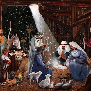 May include: A painting depicting the Nativity scene with a manger, a baby Jesus, Mary, Joseph, and other figures. The scene is set in a barn with a wooden roof and walls. There are animals present, including a cow, a donkey, and sheep. The painting is done in a realistic style with warm colors.