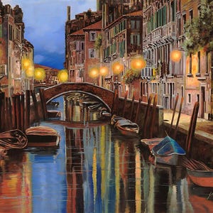 May include: A painting of a narrow canal in Venice, Italy. The canal is lined with buildings and there are several gondolas in the water. The water is reflecting the light from the buildings and the sky. The painting is done in a realistic style.