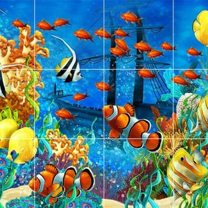 May include: A colorful underwater scene with a variety of fish, coral, and seaweed. The fish include clownfish, angelfish, butterflyfish, and a yellow tang. The coral is in shades of pink, orange, and purple. The seaweed is green and brown.