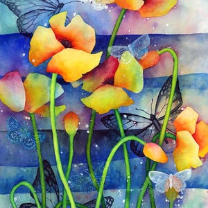 ceramic tile mural art accent backsplash decorative medallion. poppy field flower garden butterfly.