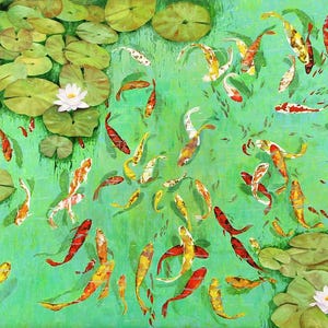 ceramic tile mural art backsplash medallion kitchen. koiscape carp Koi fish in pond garden with lily flowers and pads.