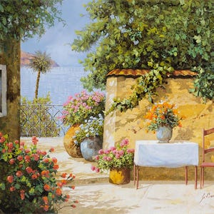 ceramic tile mural art backsplash medallion kitchen. Mediterranean sea view from Garden Tuscany Italy countryside.