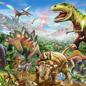 Op de afbeelding: Een levendige illustratie van een prehistorisch landschap vol dinosaurussen. De afbeelding toont een verscheidenheid aan dinosaurussen, waaronder een Tyrannosaurus Rex, Stegosaurus en Pterodactylus, tegen een achtergrond van weelderig groen, watervallen en een vulkaan.